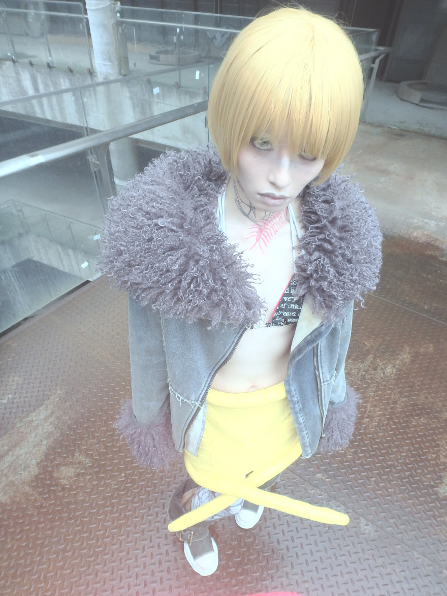 "BORNINHELL"washed denim fur jacket