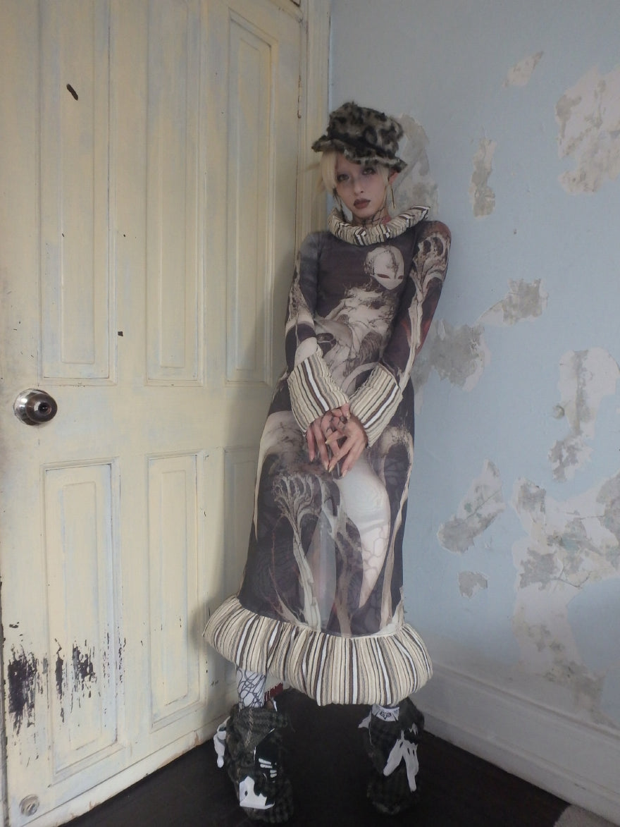 "False falling face" mesh special-shaped splicing cotton dress