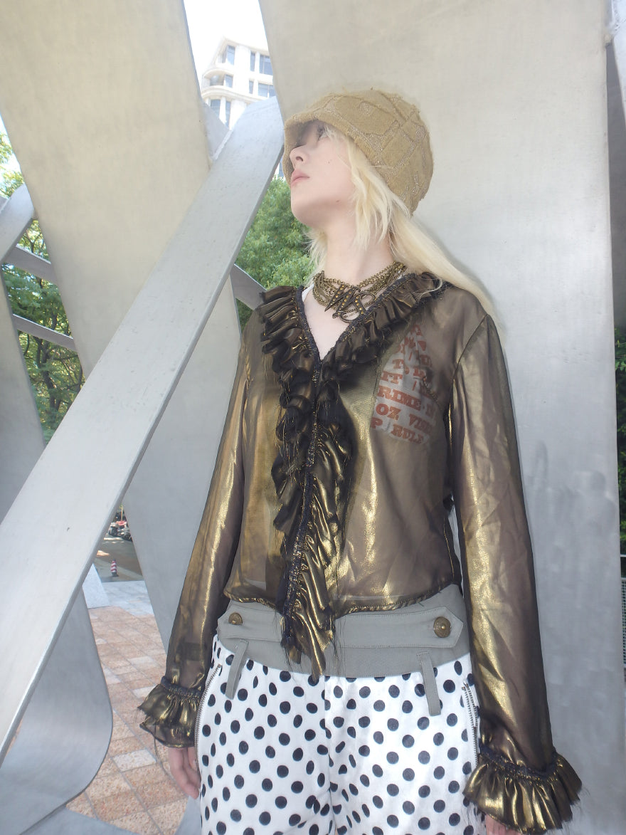 “Flowing Form 2” metal antique bronze broken mesh cardigan sun protection clothing
