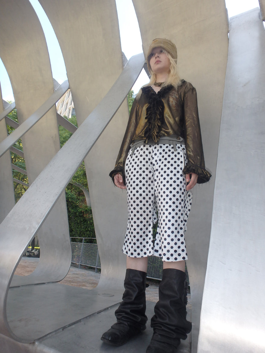 “Childish” irregularly stitched polka dot wide-leg casual pants