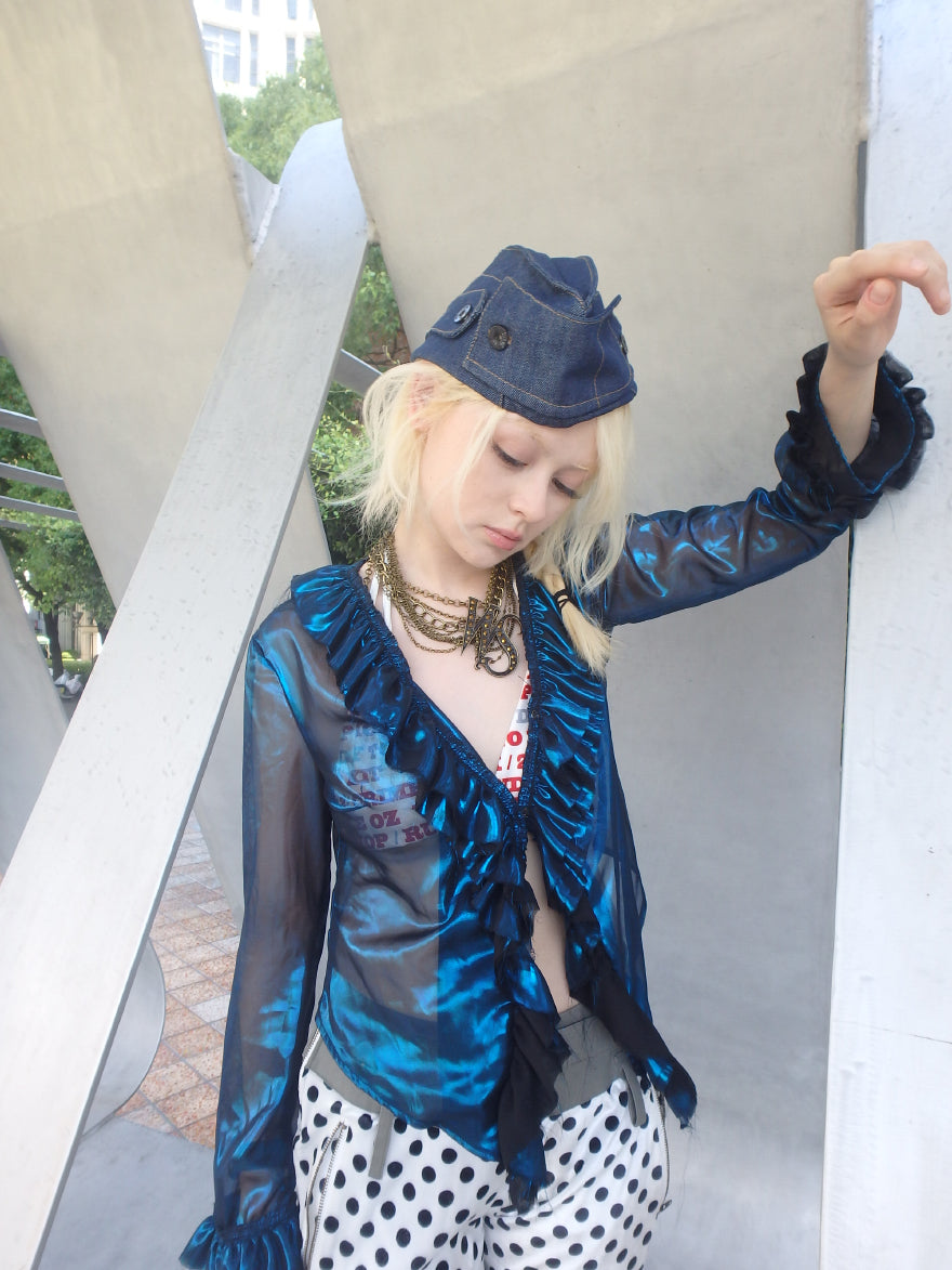 “Flowing Form 1” metallic-colored broken polarized blue mesh cardigan sun protection jacket