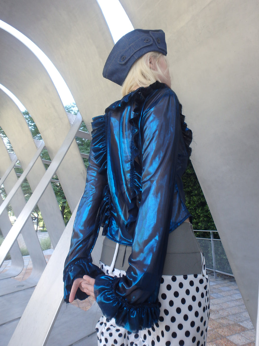 “Flowing Form 1” metallic-colored broken polarized blue mesh cardigan sun protection jacket