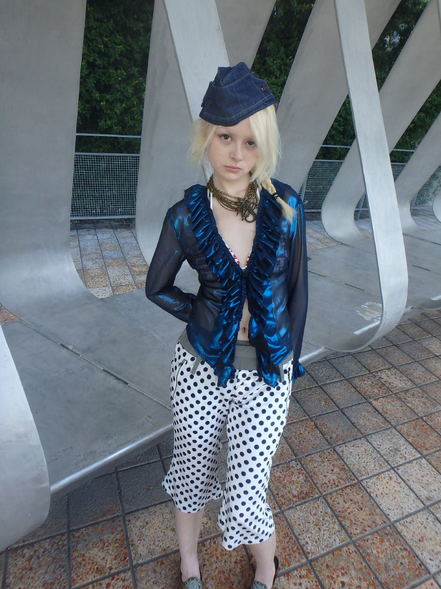 “Flowing Form 1” metallic-colored broken polarized blue mesh cardigan sun protection jacket