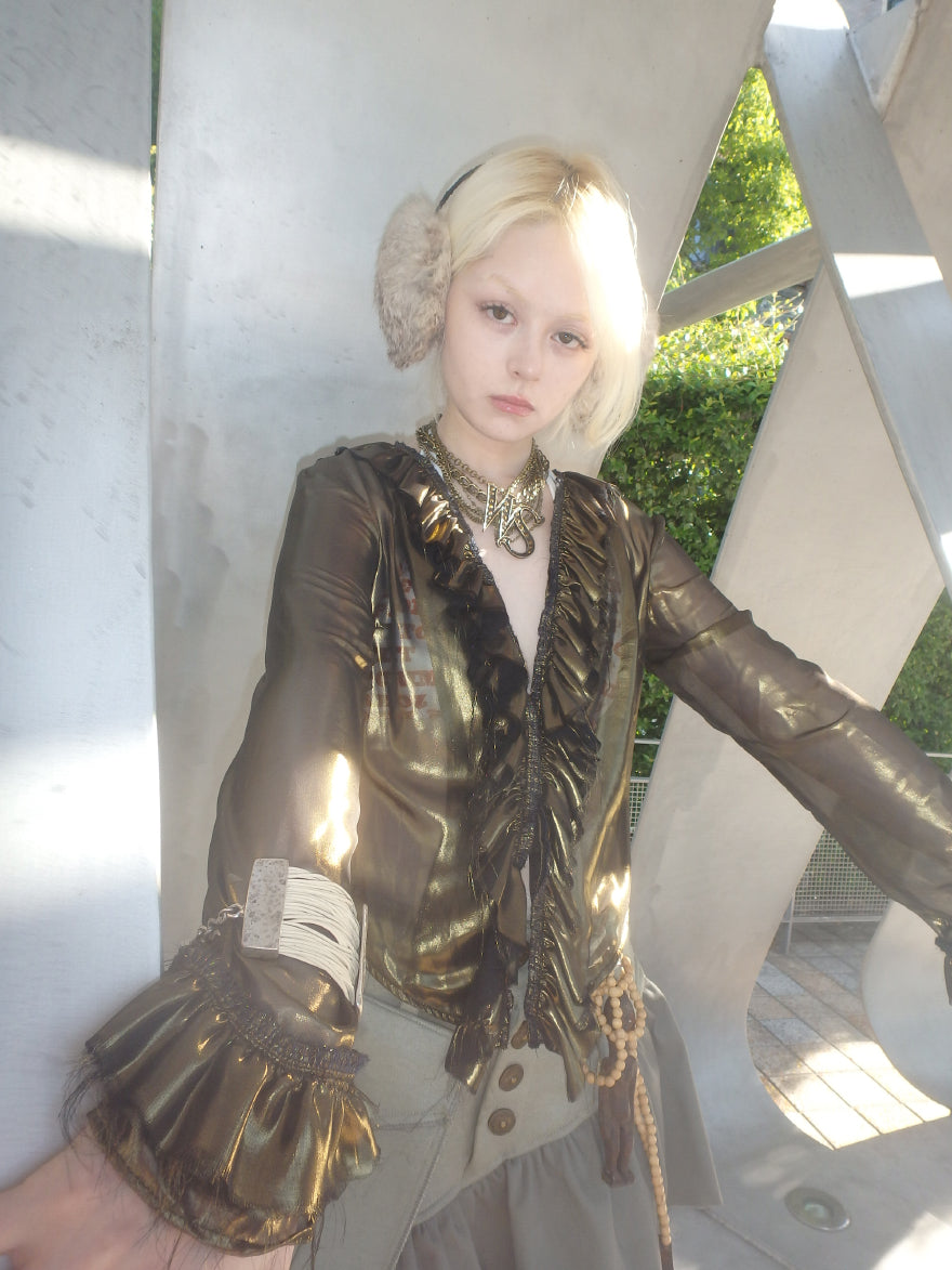 “Flowing Form 2” metal antique bronze broken mesh cardigan sun protection clothing