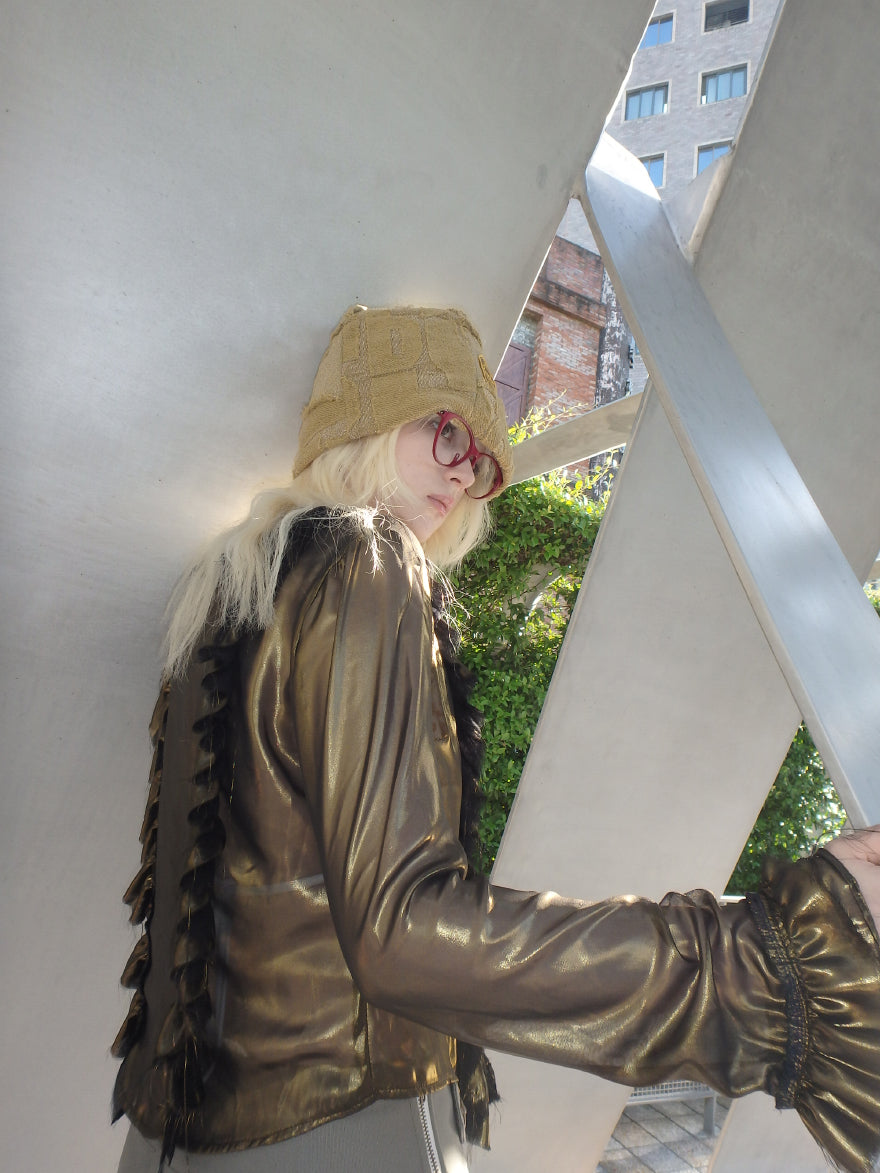 “Flowing Form 2” metal antique bronze broken mesh cardigan sun protection clothing