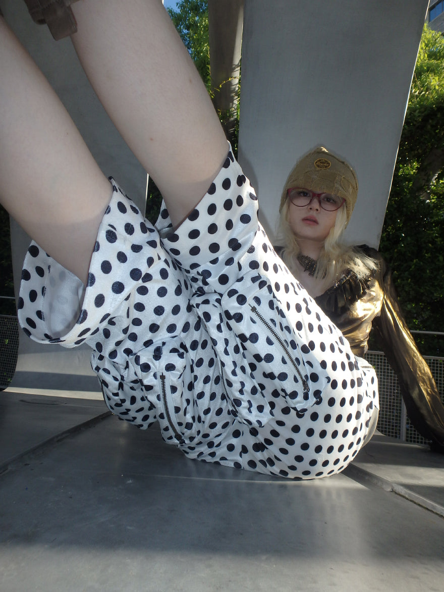 “Childish” irregularly stitched polka dot wide-leg casual pants