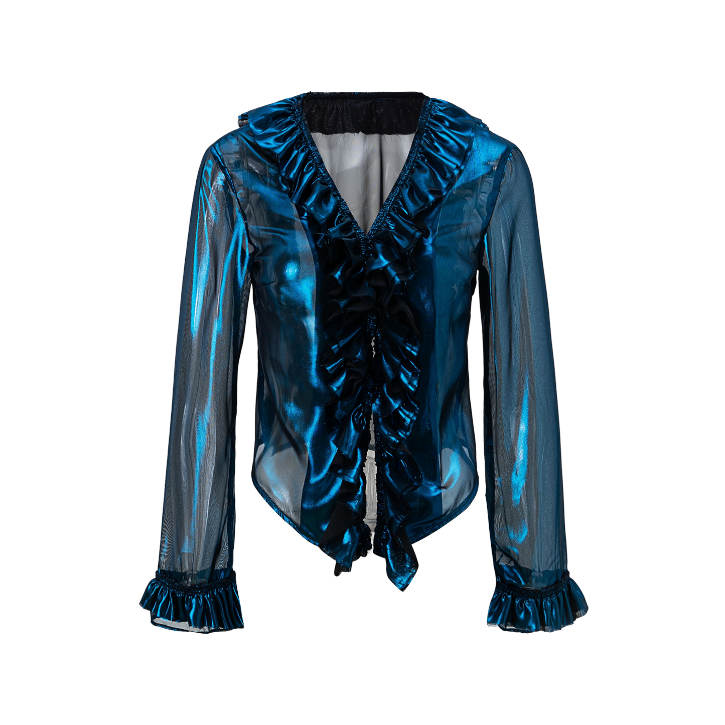 “Flowing Form 1” metallic-colored broken polarized blue mesh cardigan sun protection jacket