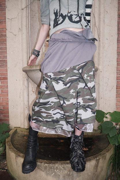 "broken solider" multi-waist patchwork camouflage long skirt
