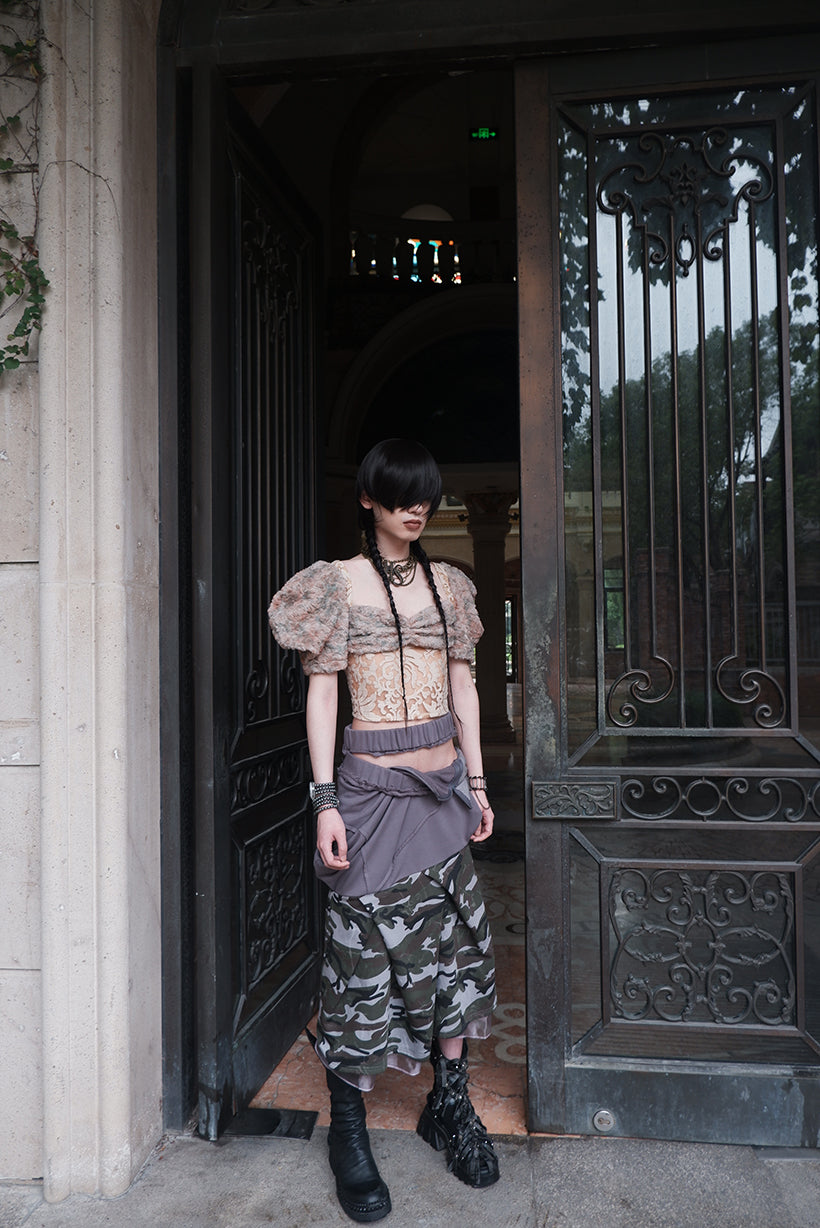 "broken solider" multi-waist patchwork camouflage long skirt