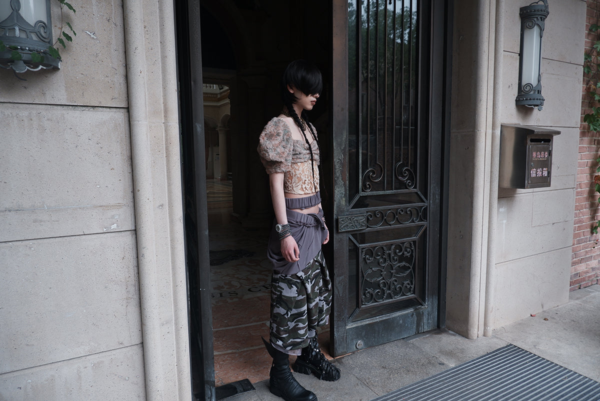 "broken solider" multi-waist patchwork camouflage long skirt