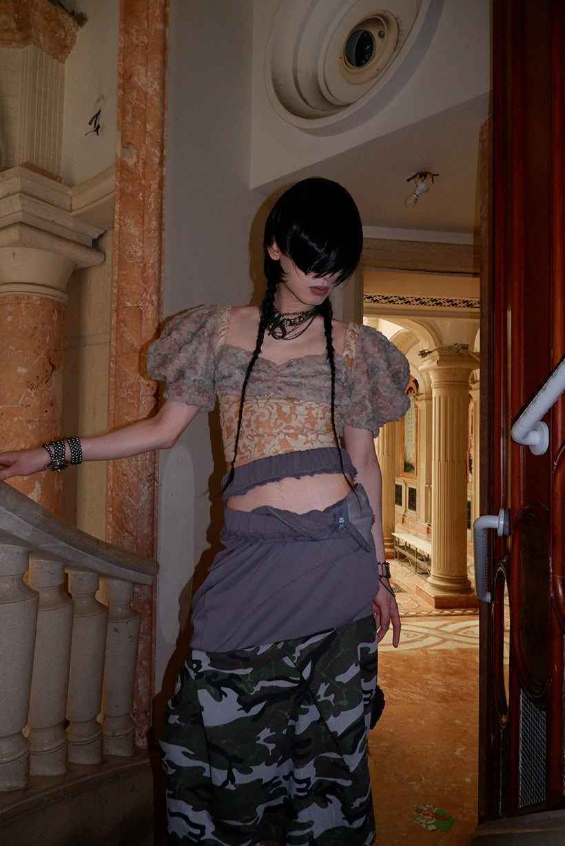 "broken solider" multi-waist patchwork camouflage long skirt