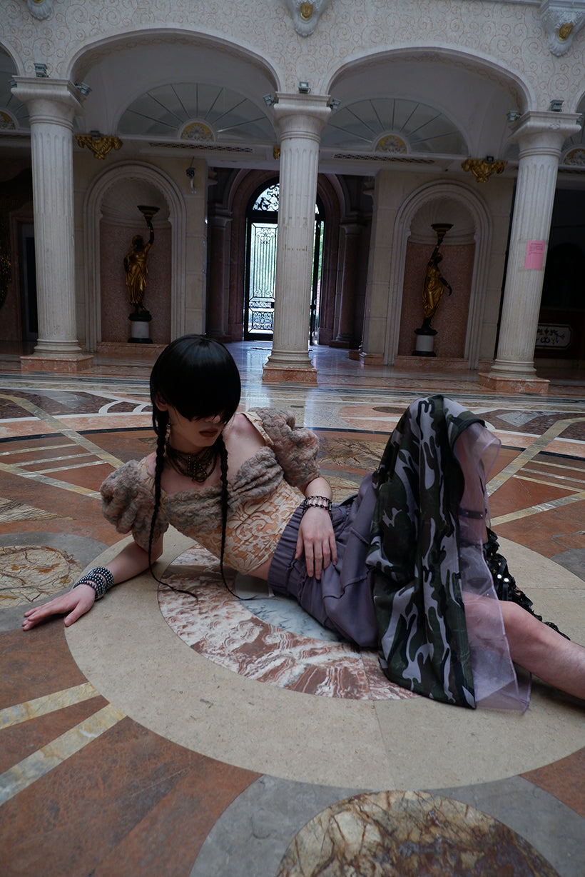 "broken solider" multi-waist patchwork camouflage long skirt