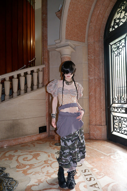 "broken solider" multi-waist patchwork camouflage long skirt