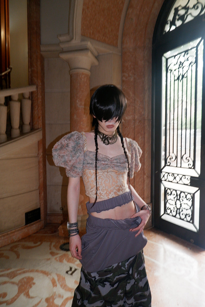 "broken solider" multi-waist patchwork camouflage long skirt