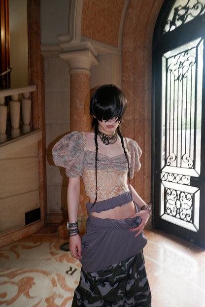 "broken solider" multi-waist patchwork camouflage long skirt