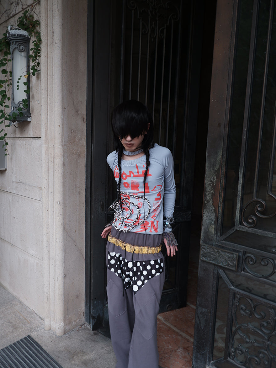 "NO FAITH" patchwork low waist loose pants