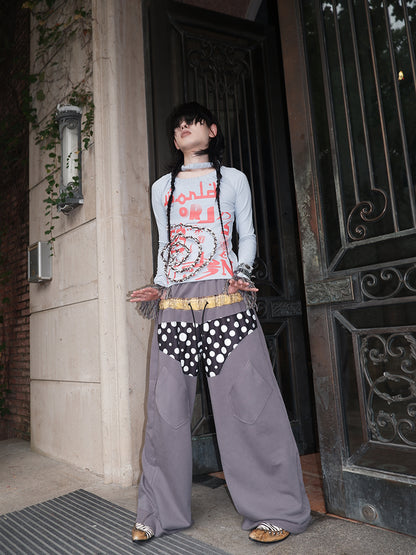 "NO FAITH" patchwork low waist loose pants