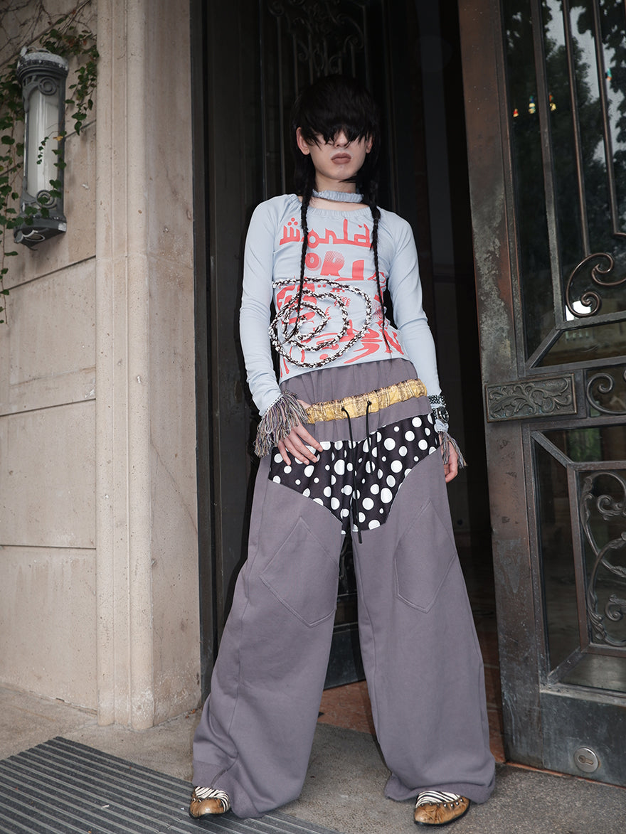 "NO FAITH" patchwork low waist loose pants