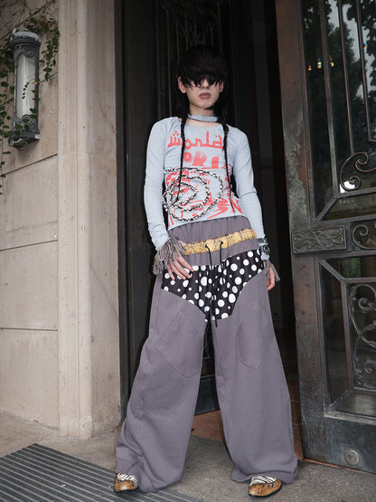 "NO FAITH" patchwork low waist loose pants