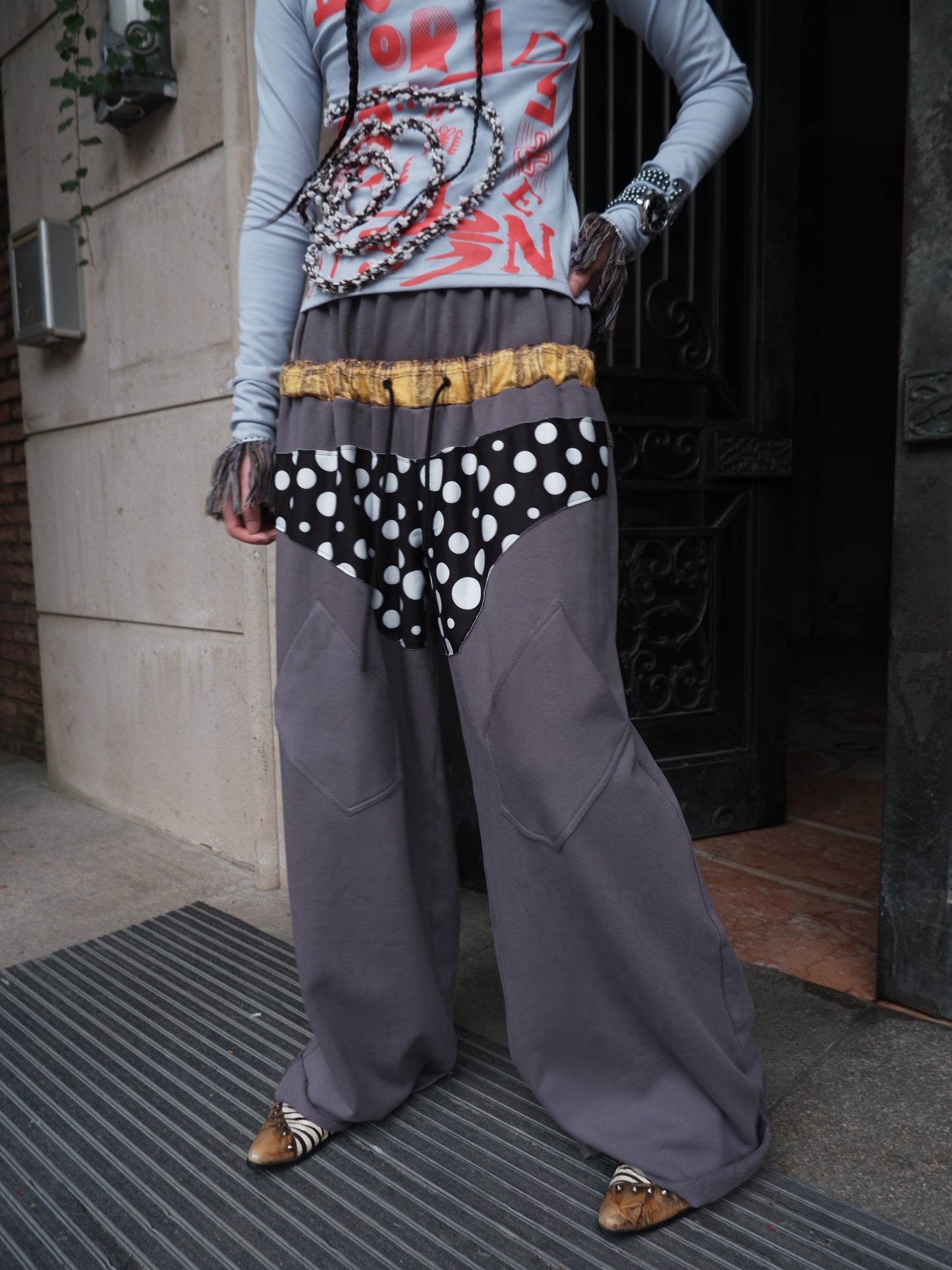 "NO FAITH" patchwork low waist loose pants