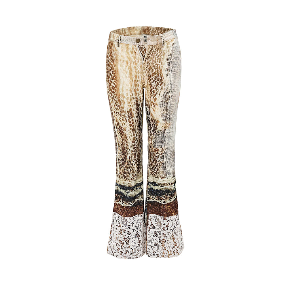printed spider web distressed patchwork flared trousers