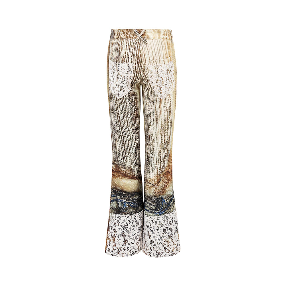 printed spider web distressed patchwork flared trousers