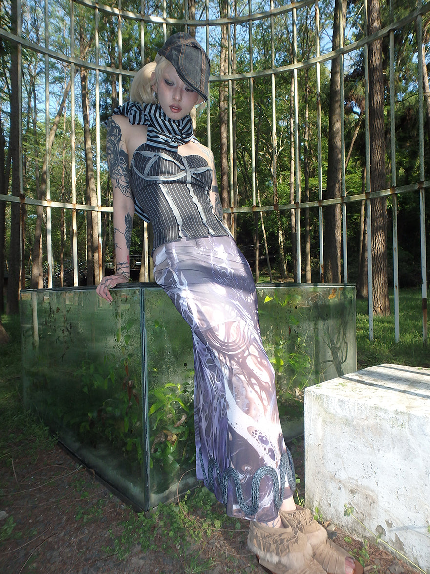 "Cosmic Cocoon Pupa" printed irregular slit mesh dress