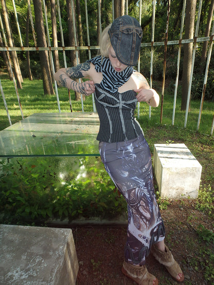 "Cosmic Cocoon Pupa" printed irregular slit mesh dress