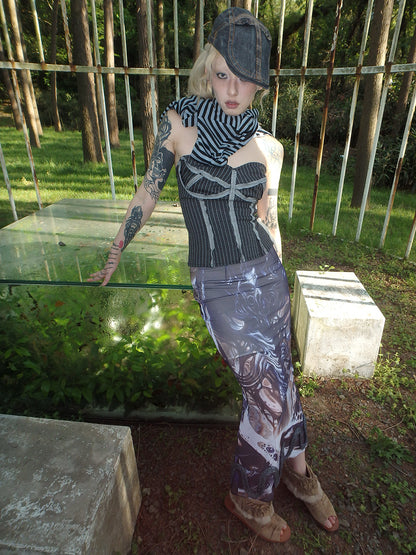 "Cosmic Cocoon Pupa" printed irregular slit mesh dress