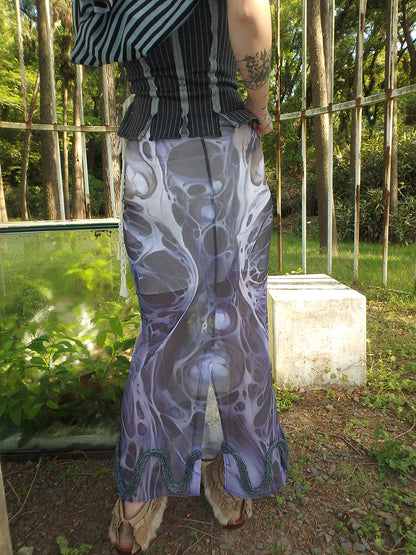 "Cosmic Cocoon Pupa" printed irregular slit mesh dress