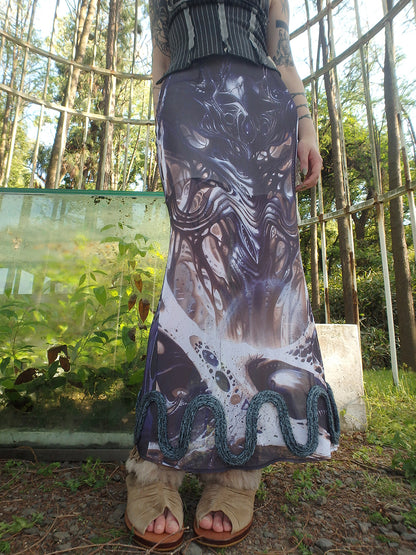 "Cosmic Cocoon Pupa" printed irregular slit mesh dress