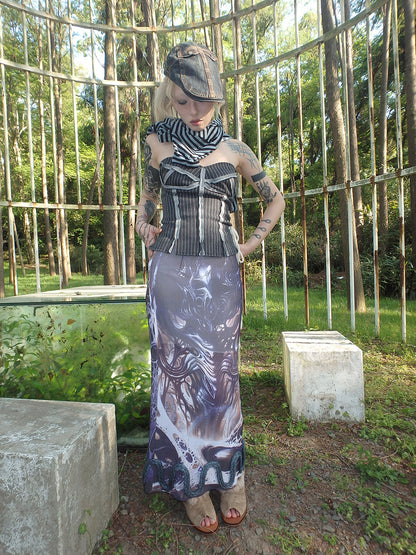 "Cosmic Cocoon Pupa" printed irregular slit mesh dress