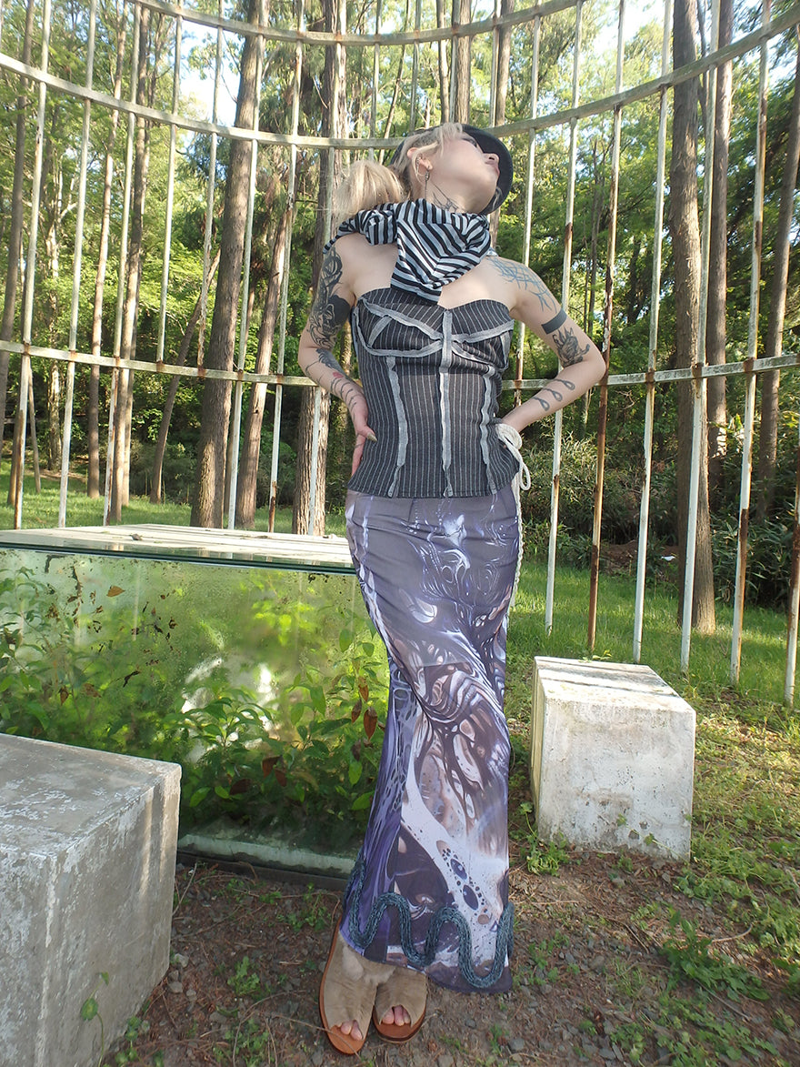 "Cosmic Cocoon Pupa" printed irregular slit mesh dress