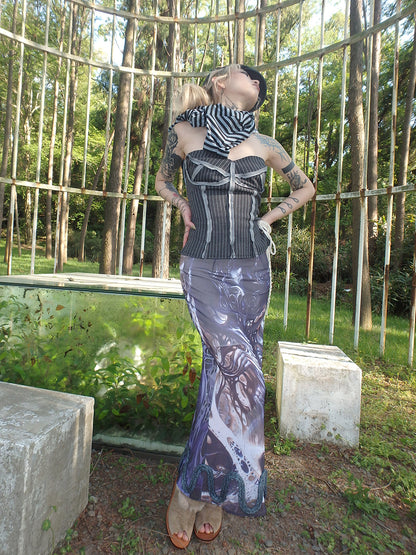 "Cosmic Cocoon Pupa" printed irregular slit mesh dress