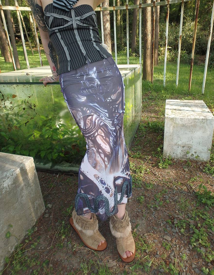 "Cosmic Cocoon Pupa" printed irregular slit mesh dress