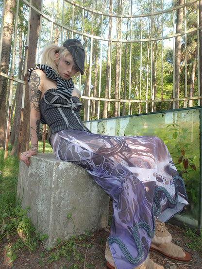 "Cosmic Cocoon Pupa" printed irregular slit mesh dress