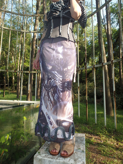 "Cosmic Cocoon Pupa" printed irregular slit mesh dress