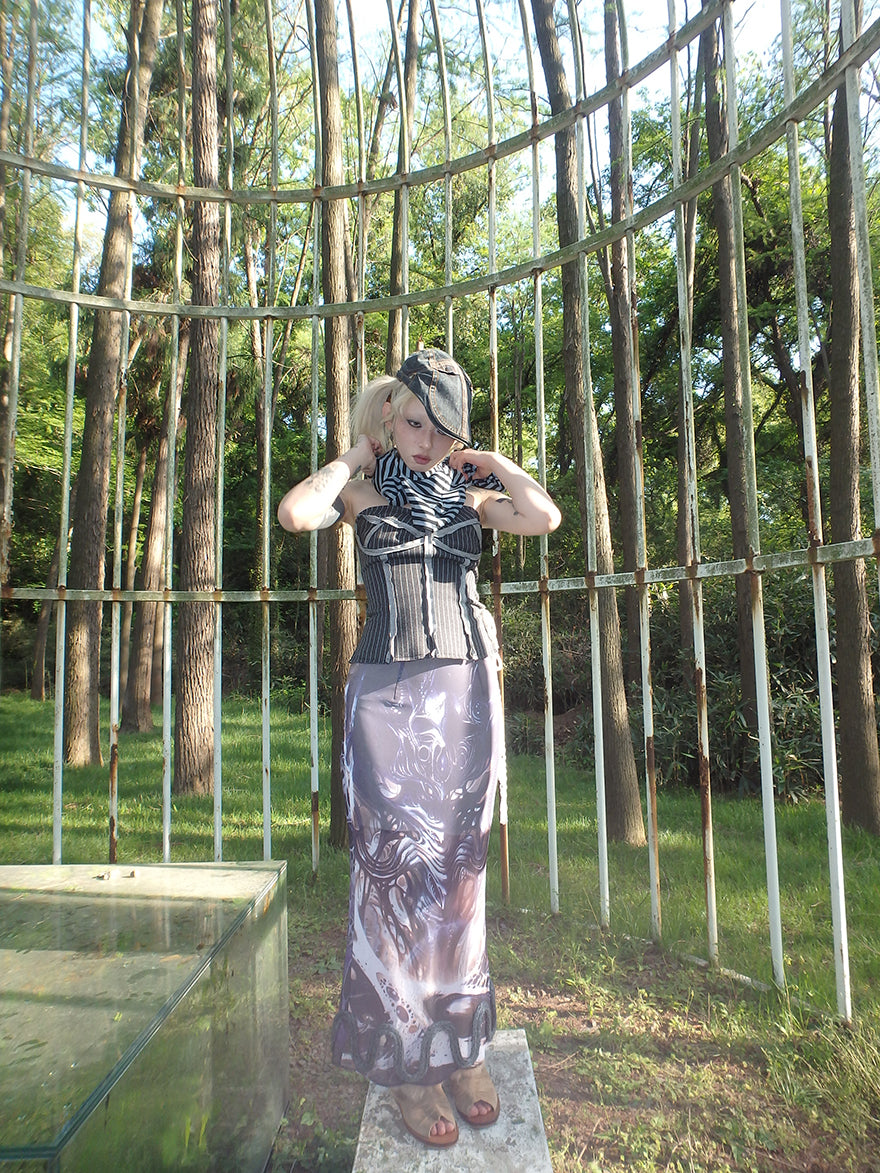 "Cosmic Cocoon Pupa" printed irregular slit mesh dress