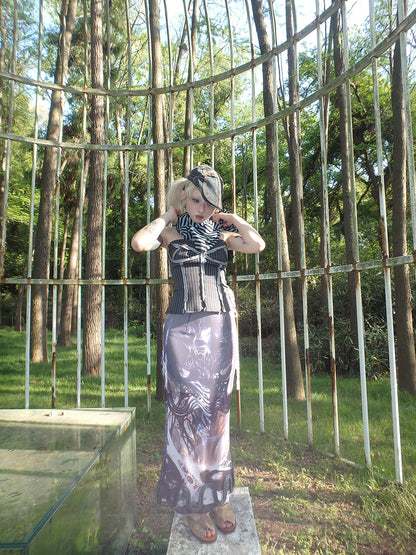 "Cosmic Cocoon Pupa" printed irregular slit mesh dress