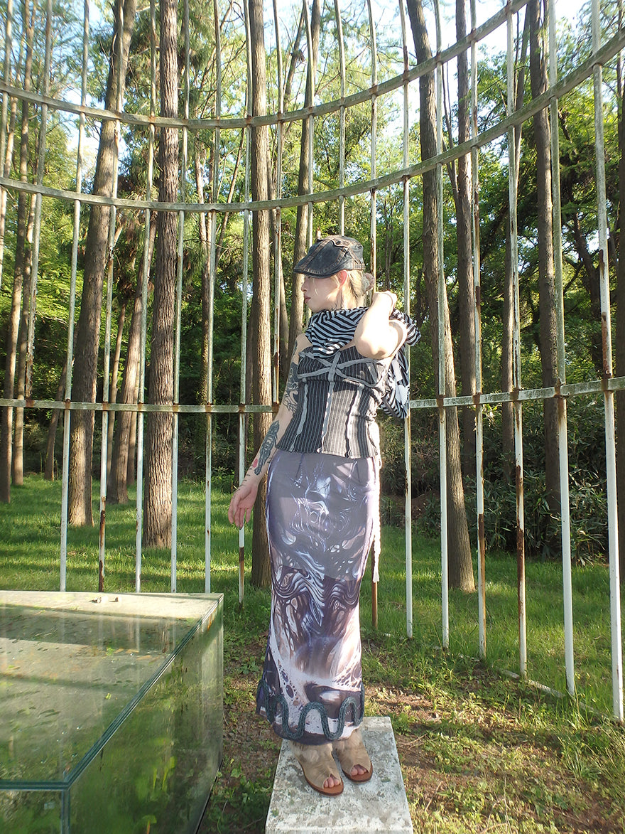 "Cosmic Cocoon Pupa" printed irregular slit mesh dress