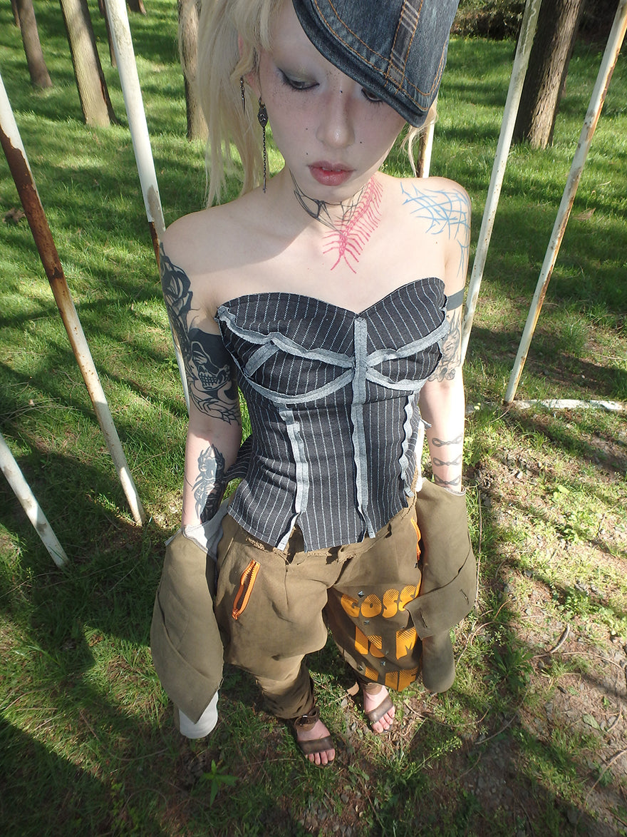 Versatile striped drawstring tube top corset