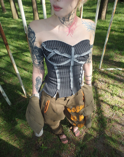 Versatile striped drawstring tube top corset