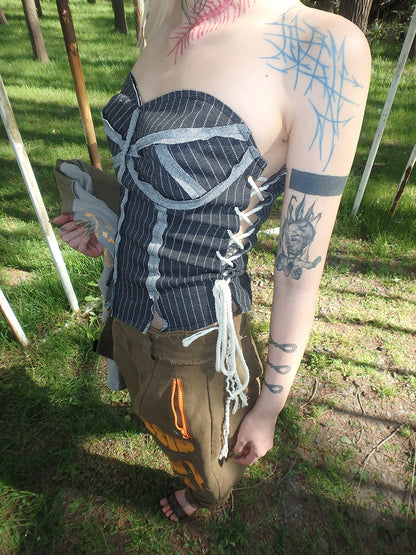 Versatile striped drawstring tube top corset