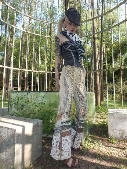 printed spider web distressed patchwork flared trousers