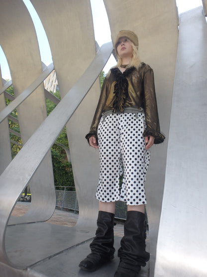 “Childish” irregularly stitched polka dot wide-leg casual pants