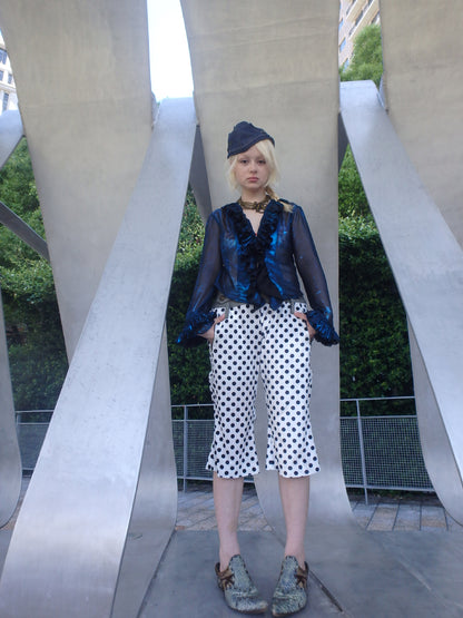 “Childish” irregularly stitched polka dot wide-leg casual pants
