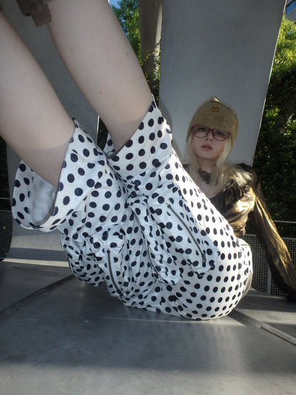 “Childish” irregularly stitched polka dot wide-leg casual pants