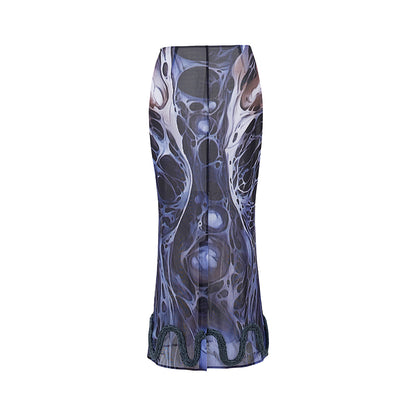 "Cosmic Cocoon Pupa" printed irregular slit mesh dress
