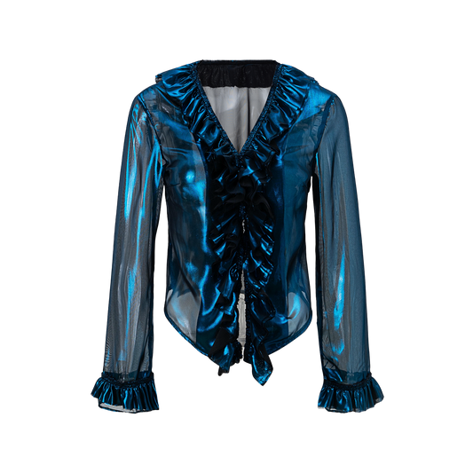 “Flowing Form 1” metallic-colored broken polarized blue mesh cardigan sun protection jacket